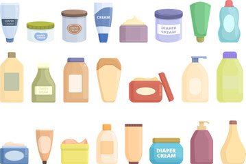 Diaper cream icons set cartoon vector. Children health. Infection chemical