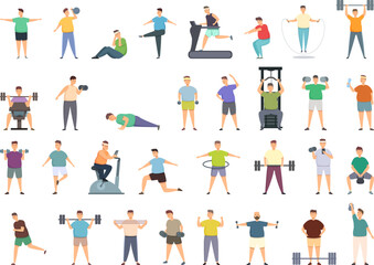 Fat man in the gym icons set cartoon vector. Exercise obese. Sport diet