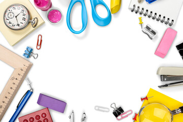 Colorful school supplies with copy space on white background