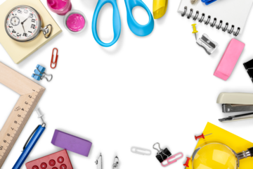 Colorful school supplies with copy space on white background