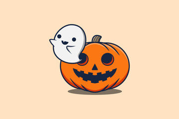 Cute mascot cartoon ghost character out from Scary pumpkin halloween illustration
