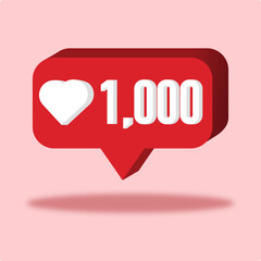 3d cartoon heart icon with number 1000 in square message bubble. Social media notification element isolated on a light pink background.