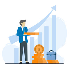 Successful businessman holding coins, on rising chart. Success, idea, growth, international business and strategy vector illustration design