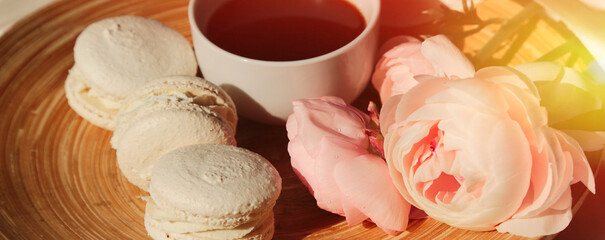 banner of peonies, coffee and macaroons