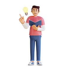 Young man carrying a book and coming up with an idea 3d character illustration