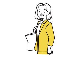 鞄をもつ笑顔のビジネスウーマン　シンプルな線の人物イラスト
