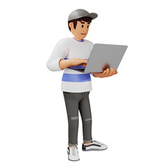 Young man in hat walking with laptop 3d character illustration