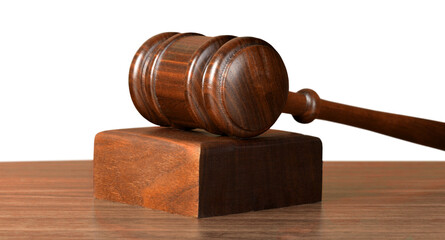 Wooden gavel on wooden table, on  background