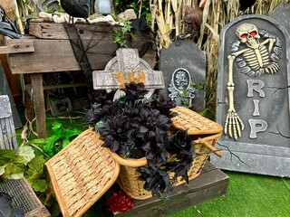 People arrange different tombstones near the house on Halloween they find it interesting and...