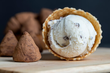 Sweet ice cream with chocolate pieces