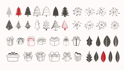 pack of christmas festival decorative elements in doodle style