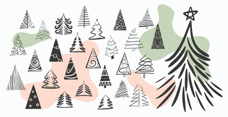 collection of christmas tree icons design in hand drawn style