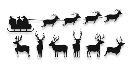 silhouette of santa claus flying on sleigh with reindeer design in set