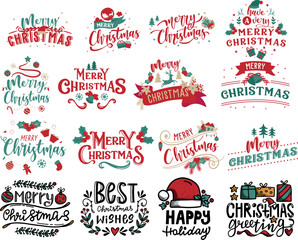 Merry Christmas. Happy New Year, 2022. Typography set. Vector logo, emblems, text design. Usable for banners, greeting cards, gifts etc.
