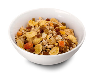 Bowl of  tasty corn flakes  on white