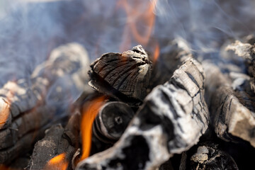 Burning logs and boards in the fire