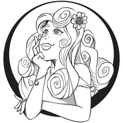 Illustration person beautiful woman black and white looking up daydreaming. Ideal for educational and training materials