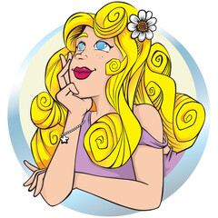 Illustration person beautiful blonde woman looking up daydreaming. Ideal for educational and training materials
