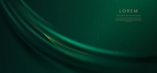 Abstact 3d luxury green curve with border golden curve lines elegant and lighting effect on green background. © Pramote