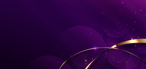 3D gold curved gold ribbon on purple background with lighting effect and space for text. Luxury design style.