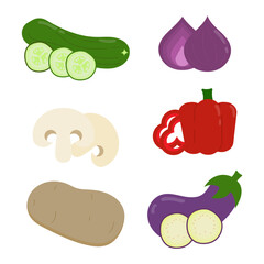 Various sets of colorful food icons for vegetarians and vegans. Vegetables, mushrooms, and potato. Simple flat vector style