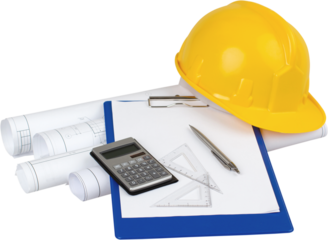 Construction Plans, Notepad, Setsquares, Calculator, Pen And Safety Helmet - Isolated