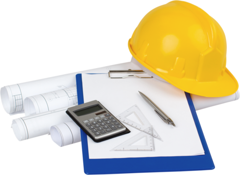 Construction Plans, Notepad, Setsquares, Calculator, Pen And Safety Helmet - Isolated