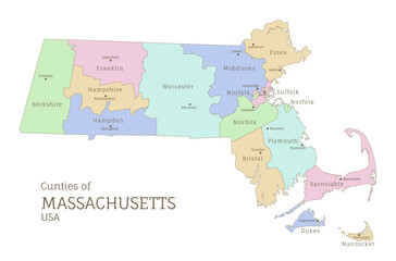 Counties of Massachusetts, administrative map of USA federal state. Highly detailed color map of American region with territory borders and counties names labeled realistic vector illustration