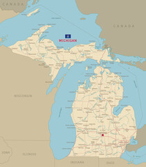 Road map of Michigan, US American federal state. Editable highly detailed transportation map of Michigan with highways and interstate roads, rivers and cities realistic vector illustration