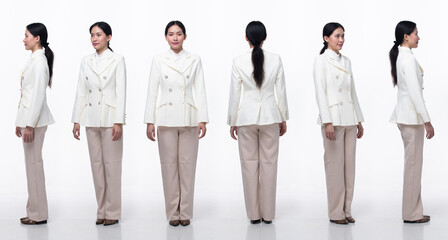 Full length 20s Asian Woman wear formal business blazer suit  dress pant shoes. Black long straight...