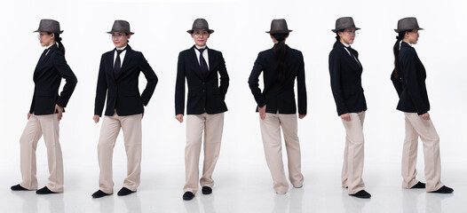Fototapeta na wymiar Full body 20s Asian Woman wear business suit tie dress pant hat glasses. Black long straight hair female feel happy smile confident, turn 360 front side rear back view, white background isolated