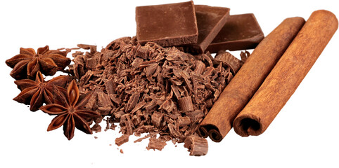 Grated Chocolate with Cinnamon, Anise and Chocolate Blocks - Isolated