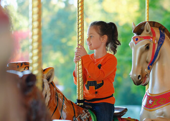 cute young girl is riding the tiger on the carousel