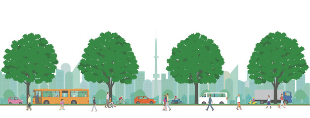 高層ビル群と住宅の歩行者や自動車の横向きのイラスト
