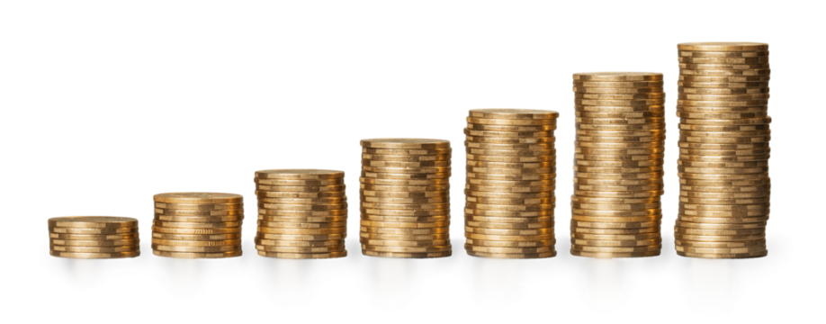 Golden coins stacks on a white background