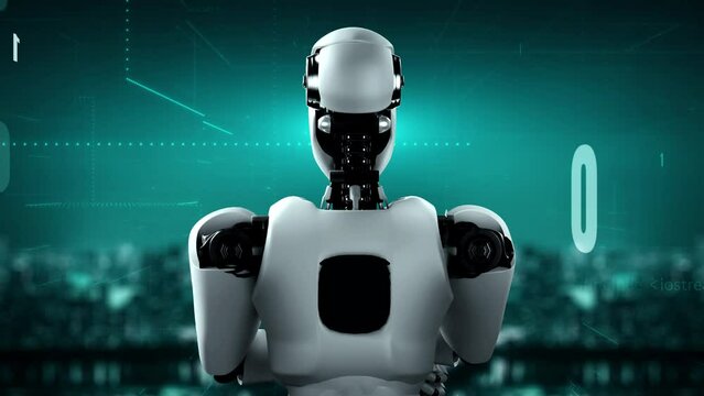 Futuristic robot artificial intelligence huminoid AI programming coding technology development and machine learning concept. Robotic bionic science research for future of human life. 3D rendering.