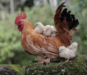 A rooster are foraging with a number of chicks on a moss-covered ground. Animals that are...
