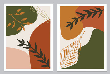 Vector illustration of leaves and hand strokes in abstract style. Used for wall decoration, background, natural leaf theme wallpaper.