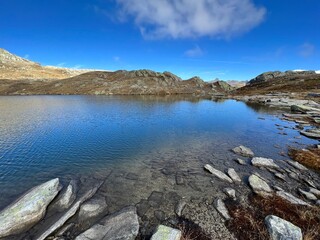 Early autumn on the alpine lakes Laghi della Valletta in the mountainous area of the St. Gotthard Pass (Gotthardpass), Airolo - Canton of Ticino (Tessin), Switzerland (Schweiz)