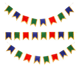 Handmade multicolor flag garland isolated on white background for graphic materials and design