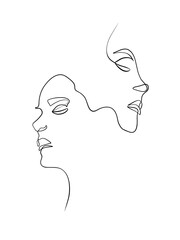 Abstract faces of an woman is drawn in single line art style. Tattoo art. Printable art.