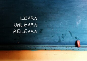 Vintage school chalkboard with handwritten text Learn Unlearn Relearn - concept of knowing to...