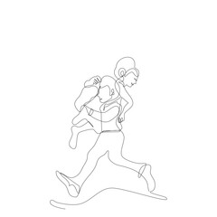 Side view of young groom holding bride on his shoulder running in single line drawing style.Romantic couple are smiling continue line.Vector illustration isolate flat design concept of Valentine’s Day