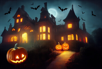 Fototapeta na wymiar Halloween. An illustration for the holiday depicting a haunted house with pumpkins and bats. Creepy landscape for posters, postcards, banners and wallpapers.