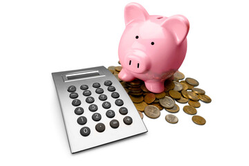 Pink Piggy bank with money isolated on white background