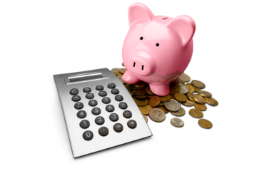 Pink Piggy bank with money isolated on white background