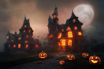 Fototapeta na wymiar Halloween. An illustration for the holiday depicting a haunted house with pumpkins and bats. Creepy landscape for posters, postcards, banners and wallpapers.