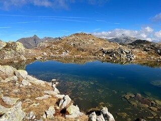 Early autumn on the alpine lakes Laghi della Valletta in the mountainous area of the St. Gotthard Pass (Gotthardpass), Airolo - Canton of Ticino (Tessin), Switzerland (Schweiz)