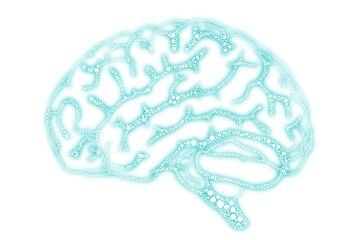 Hand drawn scientific illustration glowing brain synapse sensory example neon green blue transparent 