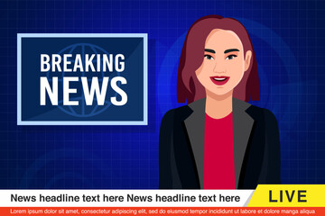 Live News Studio with Professional Female Newscaster Reporting on Breaking news, Reporting breaking news with a blue modern background design.
